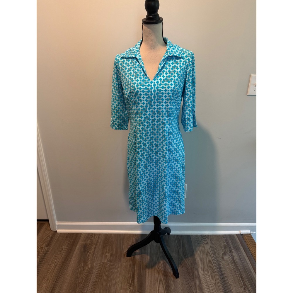 Jude Connally Blue White Geometric Print V-Neck Sheath Dress Size Medium